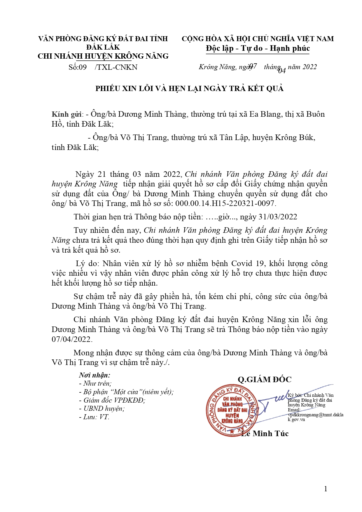 Phiếu xin lỗi Hồ sơ trễ hạn Dương Minh Thàng, địa chỉ thửa đất xã Ea Tam, huyện Krông Năng, tỉnh Đăk Lăk